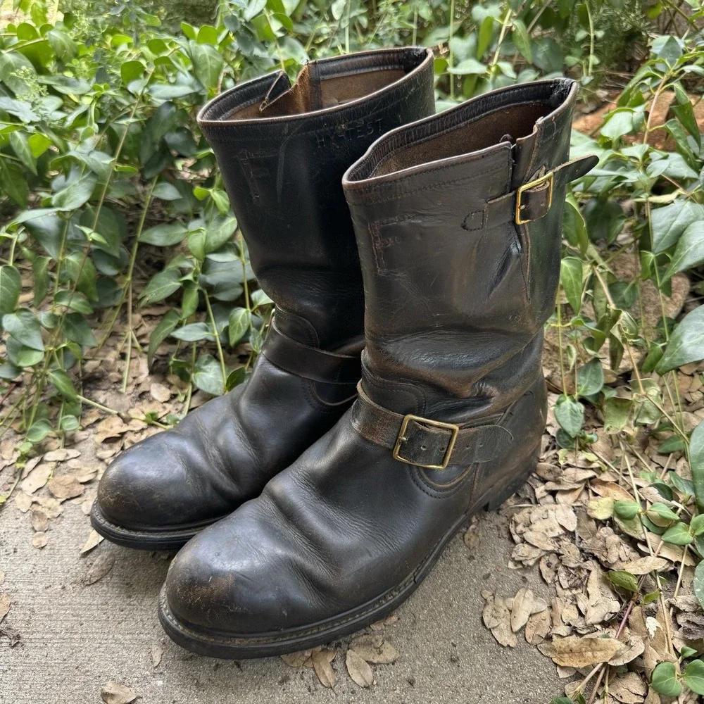 Vintage Hy-Test Engineer Boots 10.5 Biker Black Leather Brass Hardware 50s 60s